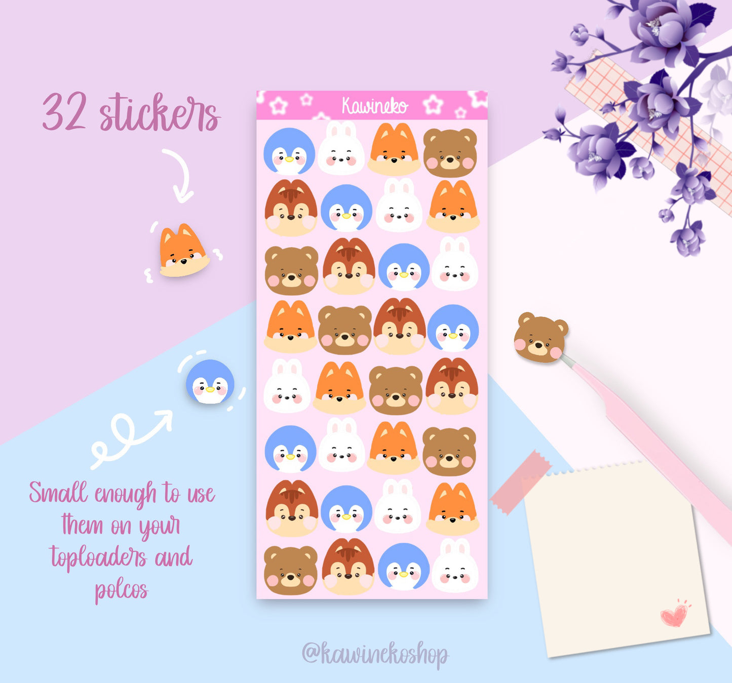 Cute little nimals faces  sticker sheet deco stickers