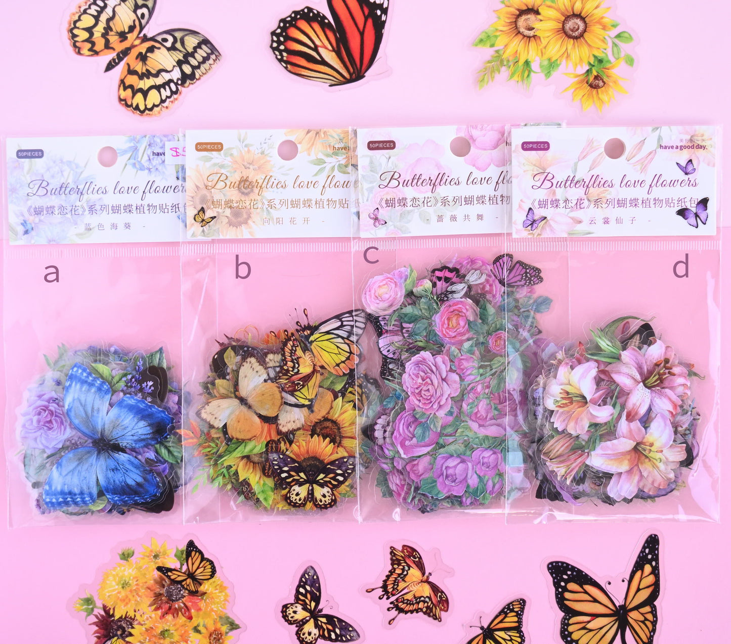 Butterflies and flowers PET clear stickers, 50 stickers bag