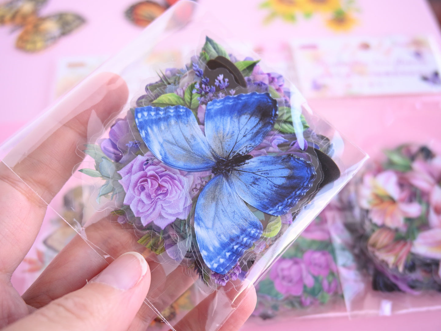 Butterflies and flowers PET clear stickers, 50 stickers bag