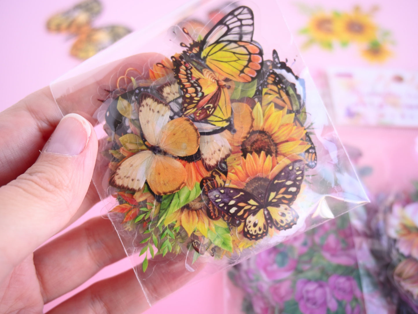 Butterflies and flowers PET clear stickers, 50 stickers bag