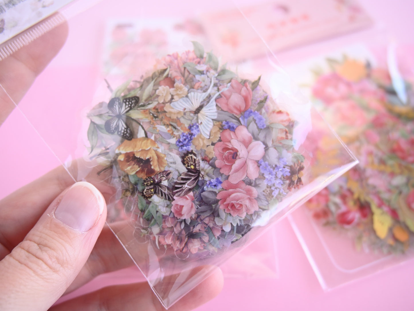 more Butterflies and flowers PET clear stickers, 50 stickers bag