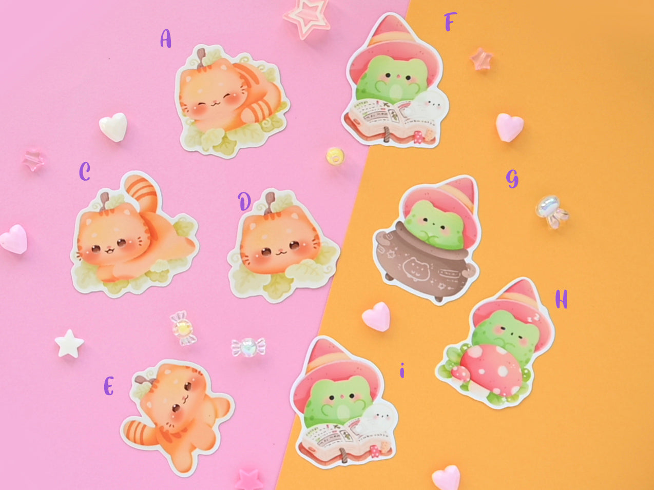 Waterproof cute spooky die-cut stickers frog and pumpkin cat