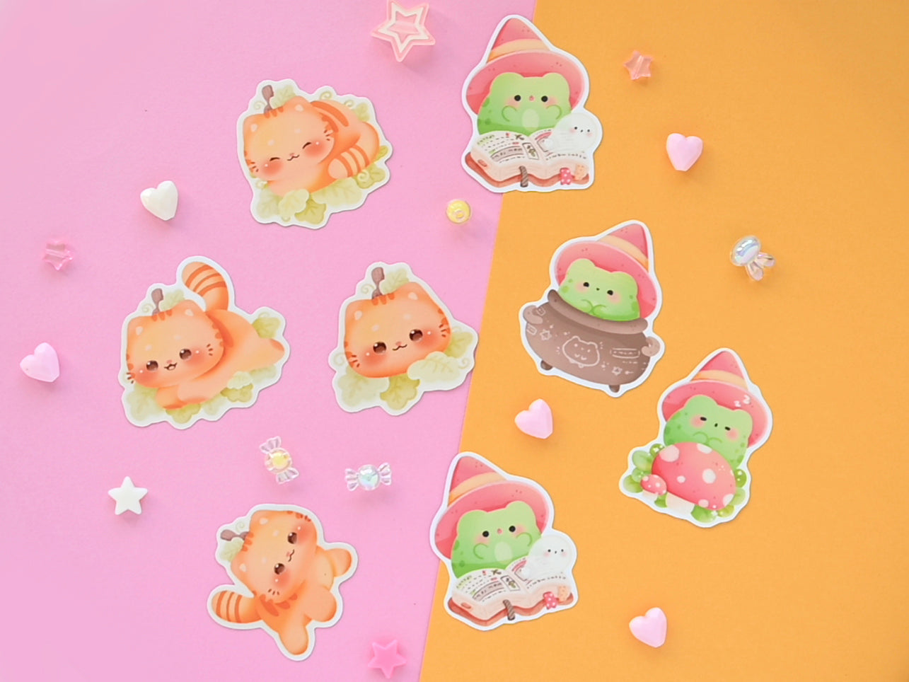 Waterproof cute spooky die-cut stickers frog and pumpkin cat